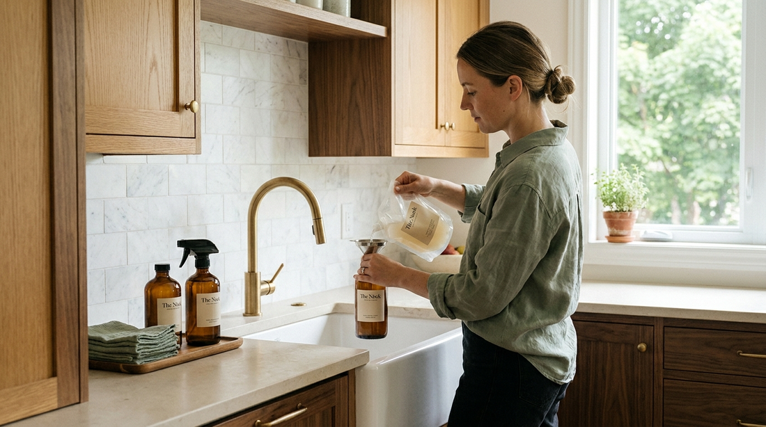 Woman refilling an amber glass bottle from a refill pouch in a warm wood and marble Calgary kitchen, using natural cleaning products from The Nook
