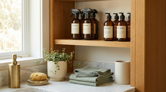 Refillable natural cleaning products from The Nook on a wooden shelf - amber glass spray bottles and sage-green cloths in a bright Calgary home