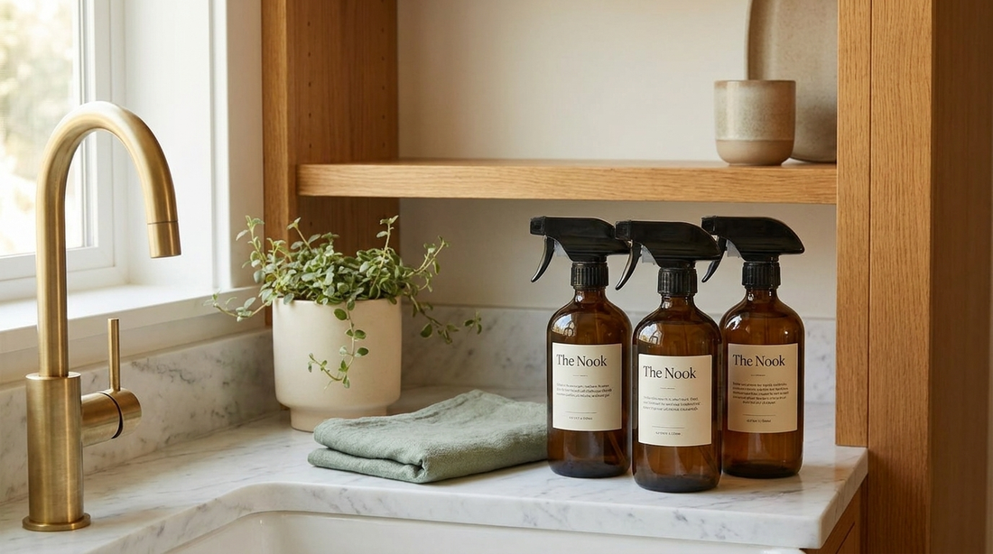 Natural non-toxic cleaning products in refillable amber glass bottles on a kitchen counter