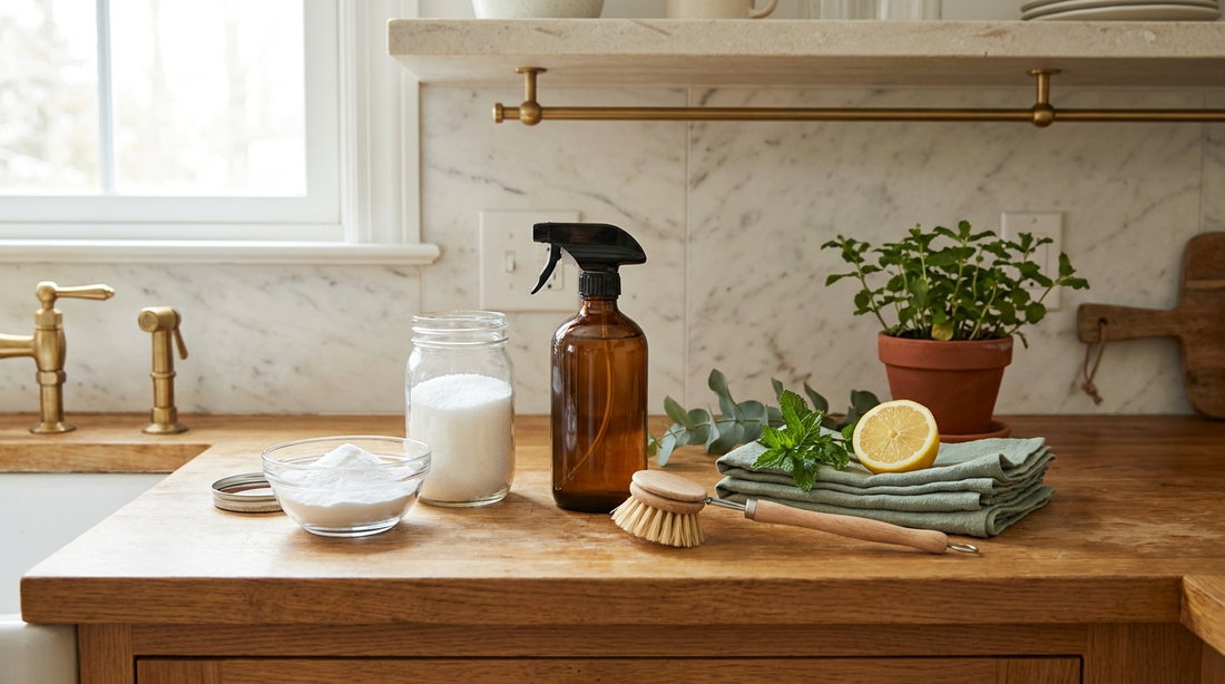 All-natural cleaning products and ingredients - baking soda, citric acid, vinegar, cloths and herbs on a wood counter