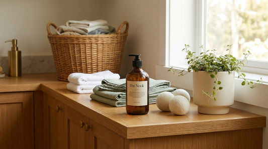 Refillable amber glass bottle of natural plant-based laundry detergent on a wooden laundry bench with folded towels and wool dryer balls