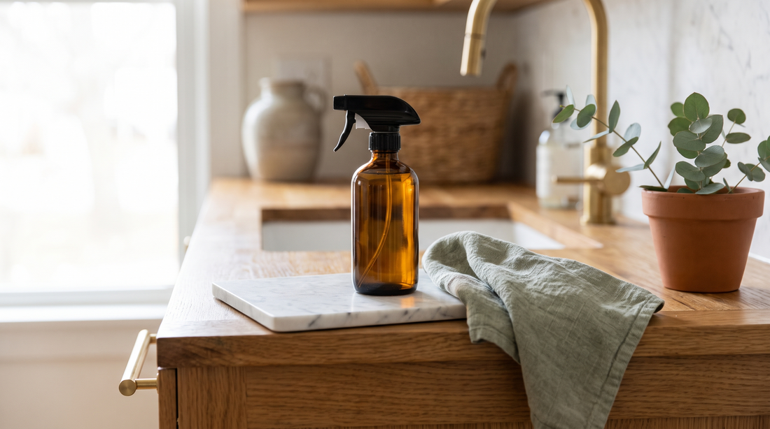 Natural cleaning spray bottle and cloth on a wood counter - buy natural cleaning products online in Canada