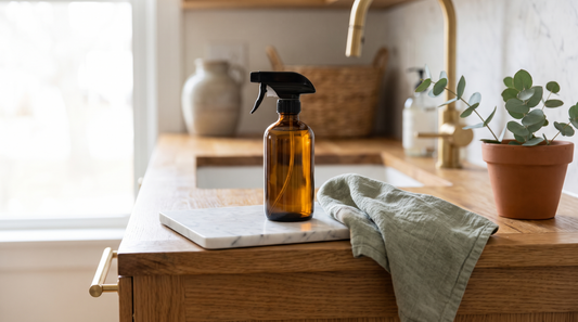 Natural cleaning spray bottle and cloth on a wood counter - buy natural cleaning products online in Canada