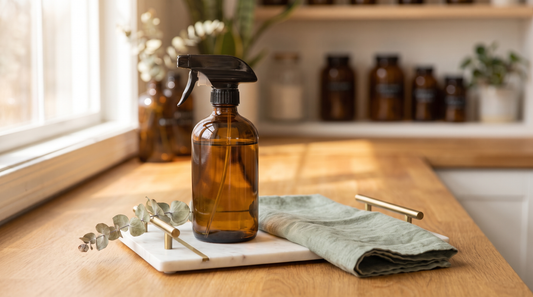 Unlabelled amber glass spray bottle of natural cleaner on a wooden counter with greenery, illustrating affordable natural cleaning products in Canada