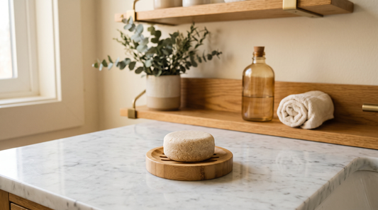 A natural unbranded shampoo bar on a bamboo dish - shampoo bar vs liquid shampoo comparison