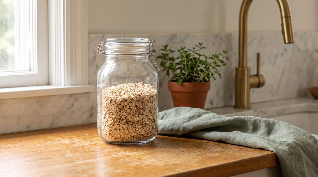 Reusable glass food-storage jar on a wood kitchen counter - a simple zero-waste kitchen swap