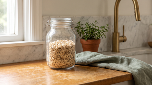 Reusable glass food-storage jar on a wood kitchen counter - a simple zero-waste kitchen swap