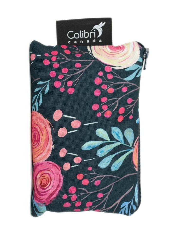 Small reusable snack bag in rose print made in Canada with 100% cotton outer, 100% polyester with polyurethane membrane line