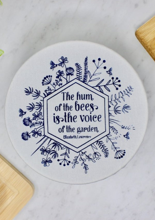 Organic cotton reusable bowl cover. Bee and flower print.