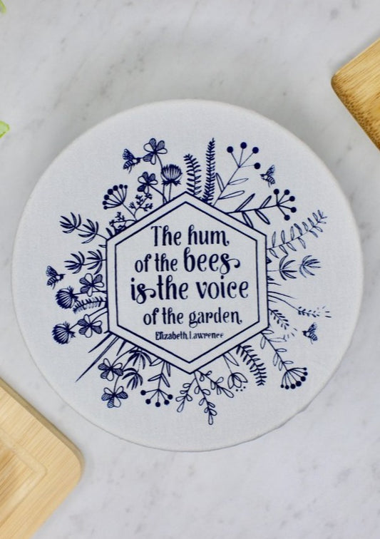 Organic cotton reusable bowl cover. Bee and flower print.