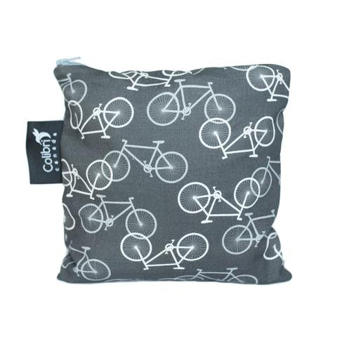 Large reusable snack bag in bicycle print made in Canada with 100% cotton outer, 100% polyester with polyurethane membrane line