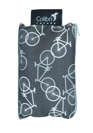 Small reusable snack bag in bicycle print made in Canada with 100% cotton outer, 100% polyester with polyurethane membrane line