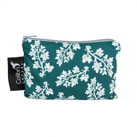 Small reusable snack bag in bloom print made in Canada with 100% cotton outer, 100% polyester with polyurethane membrane line