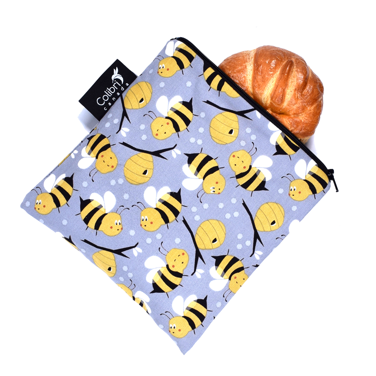 Large reusable snack bag in bee print made in Canada with 100% cotton outer, 100% polyester with polyurethane membrane line