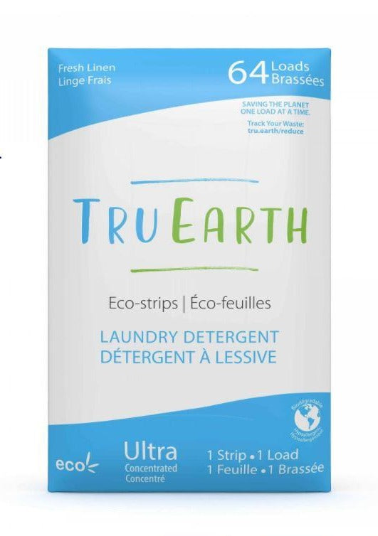 Tru Earth laundry detergent eco-strips in Fresh Linen scent. Ultra-concentrated, hypoallergenic and eco-friendly.