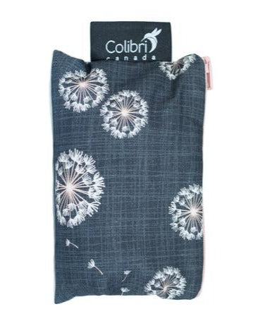 Small reusable snack bag in dandelion print made in Canada with 100% cotton outer, 100% polyester with polyurethane membrane line