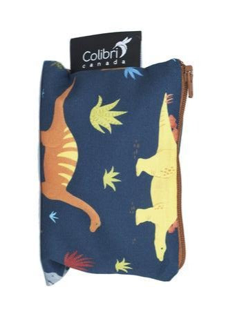 Small reusable snack bag in dinosaur print made in Canada with 100% cotton outer, 100% polyester with polyurethane membrane line