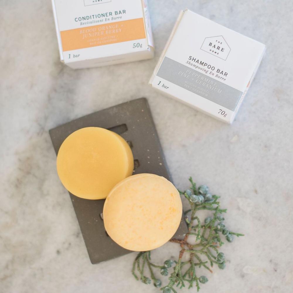 The Bare Home peppermint, pine & geranium conditioner bar for strong, lustrous locks.