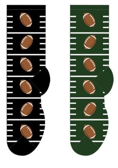 Football themed men's socks in black and green.