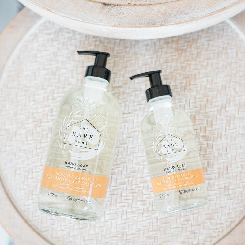 The Bare Home 500ml and 250ml eco-sustainable, natural hand soap. Blood orange, bergamot and sandalwood scented.