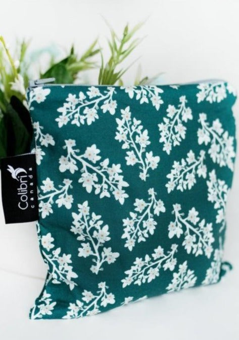 Large reusable snack bag in bloom print made in Canada with 100% cotton outer, 100% polyester with polyurethane membrane line