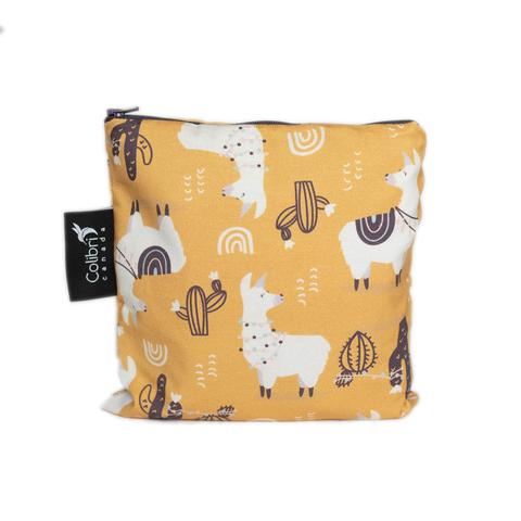 Large reusable snack bag in llama print made in Canada with 100% cotton outer, 100% polyester with polyurethane membrane line