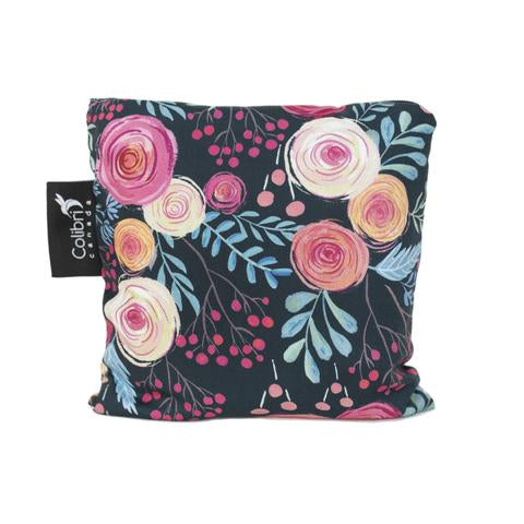 Large reusable snack bag in rose print made in Canada with 100% cotton outer, 100% polyester with polyurethane membrane line