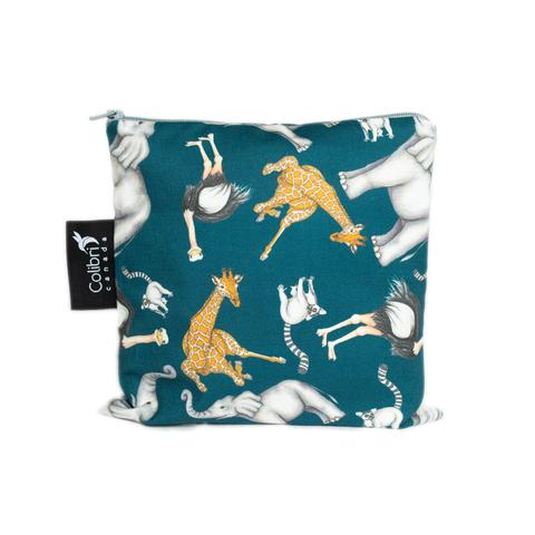 Large reusable snack bag in safari print made in Canada with 100% cotton outer, 100% polyester with polyurethane membrane line