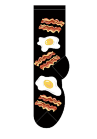 Men's bacon and egg print socks in black.