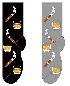 Men's scotch and cigar themed socks in black and grey