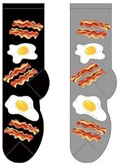 Men's bacon and egg print socks in black and grey.