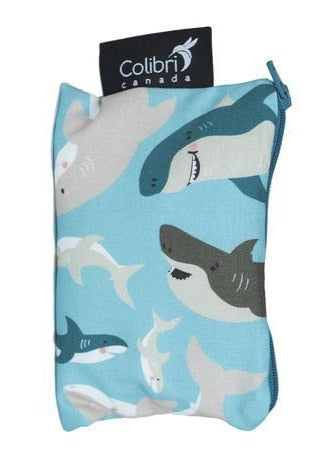 Small reusable snack bag in shark print made in Canada with 100% cotton outer, 100% polyester with polyurethane membrane line
