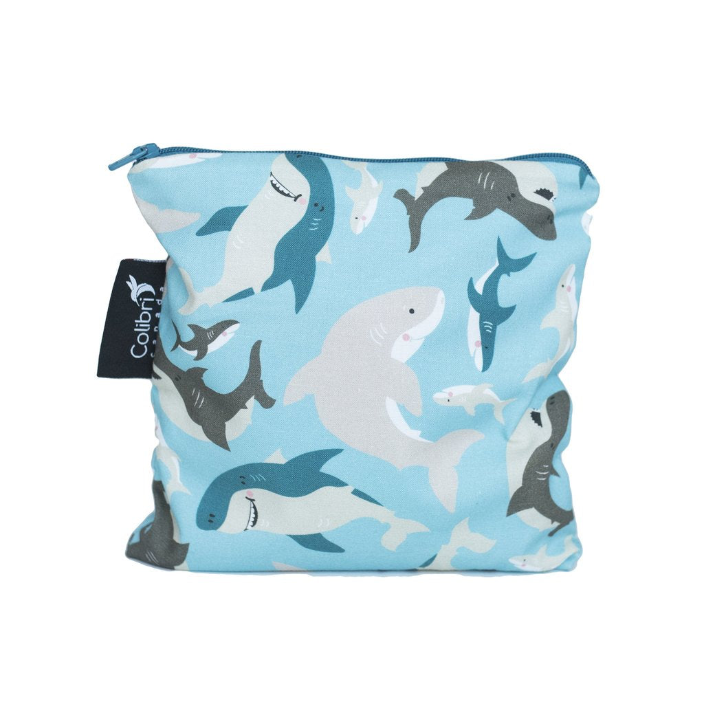 Large reusable snack bag in shark print made in Canada with 100% cotton outer, 100% polyester with polyurethane membrane line