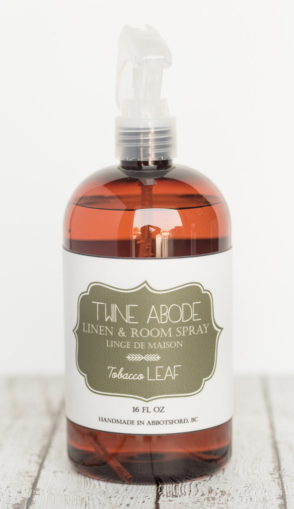 Linen and room spray in Tobacco Leaf scent. Free of all parabens, formaldehyde, phylates, laureths, petroleum and artificial colourants.