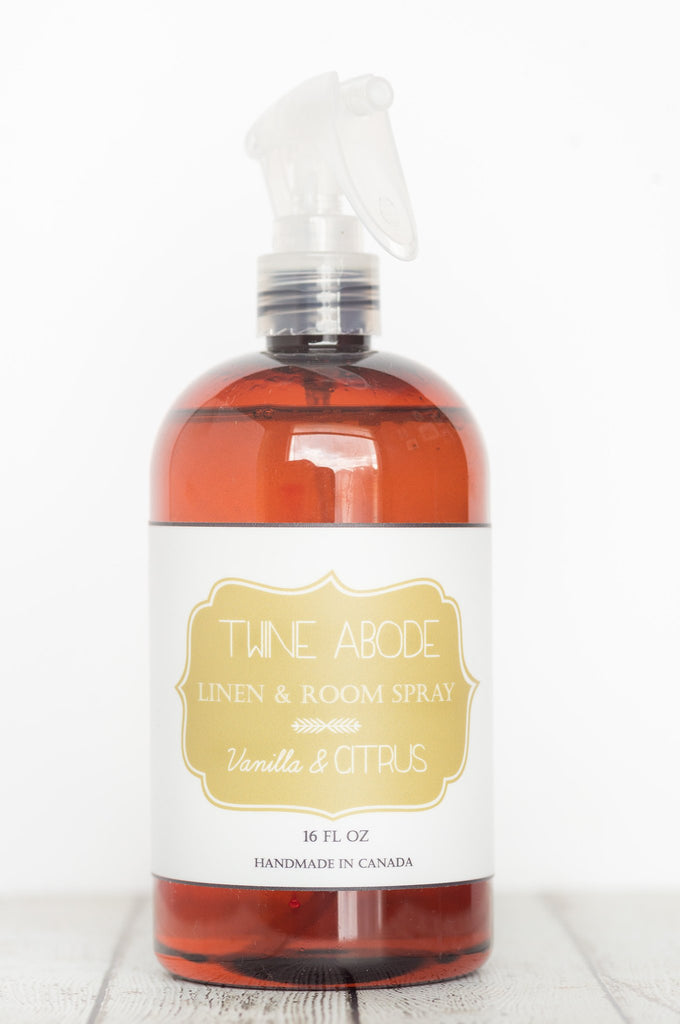 Linen and room spray in Vanilla Citrus scent. Free of all parabens, formaldehyde, phylates, laureths, petroleum and artificial colourants.