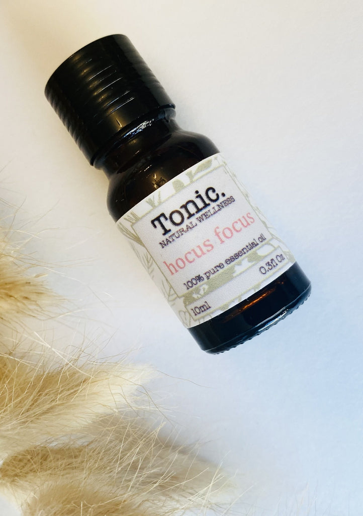 Hocus Focus 100% pure essential oil, helps to improve your focus and concentration. Blended with sweet basil, lemongrass and orange oil. 